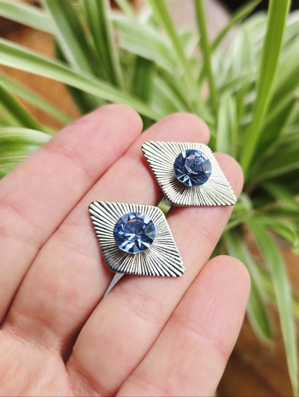 Vintage Blue Rhinestone Cuff Links – Retro Silver Tone Geometric Mens Cufflinks